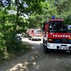 Gemeinsame Großübung der Landkreise Oberhavel und Barnim: Feuerwehrautos fahren durch den Wald.